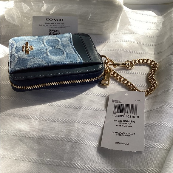 Coach Navy Denim and Leather Card Holder with Gold Chain, NWT - Picture 7 of 7